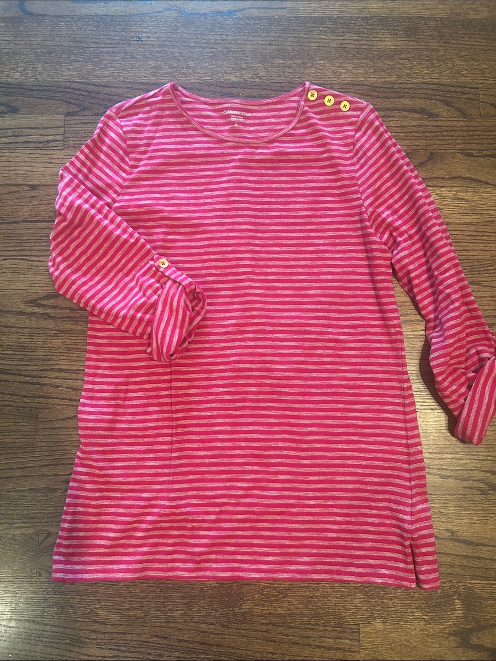 Coldwater Creek Pink Striped Long-Sleeve Tee with Shoulder Buttons